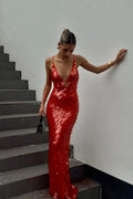 Sexy Sleeveless Spaghetti Straps Backless Sequin Maxi Long Dress Prom Dresses