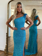 Mermaid One Shoulder Sequins Prom Dress With Slit