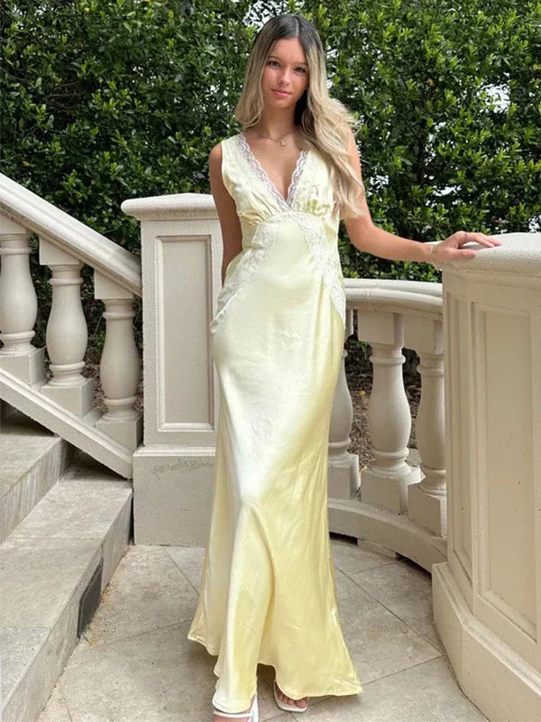 Sexy V-neck Sleeveless Mermaid Satin Evening Prom Dresses