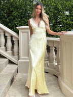 Sexy V-neck Sleeveless Mermaid Satin Evening Prom Dresses