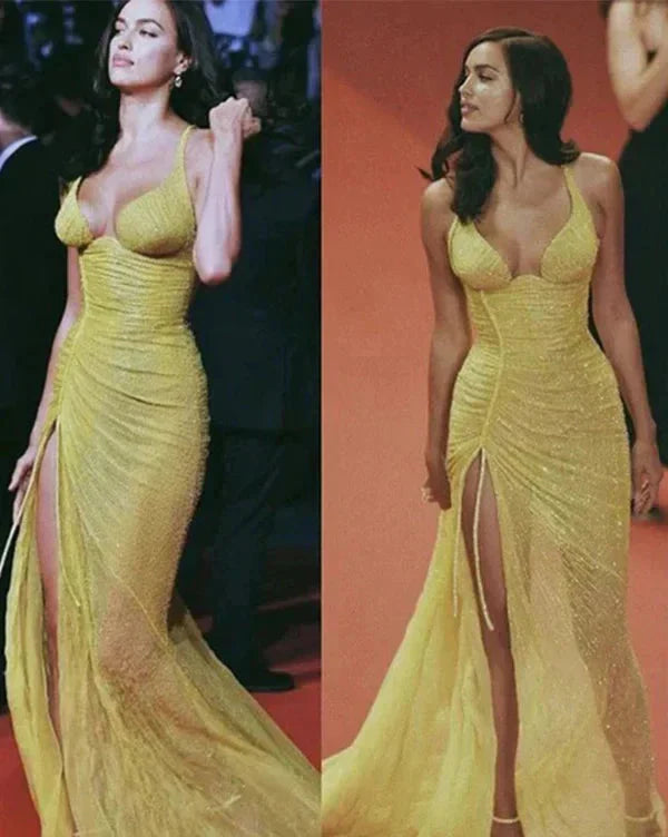 Sexy Spaghetti Straps Mermaid Side Slit Long Yellow Evening Prom Dress