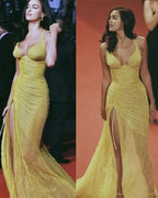 Sexy Spaghetti Straps Mermaid Side Slit Long Yellow Evening Prom Dress