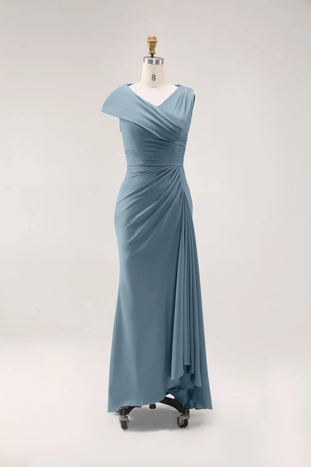 Elegant Party Dress Blue Ruched V Neck Maxi Dress Prom Dresses
