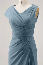 Elegant Party Dress Blue Ruched V Neck Maxi Dress Prom Dresses