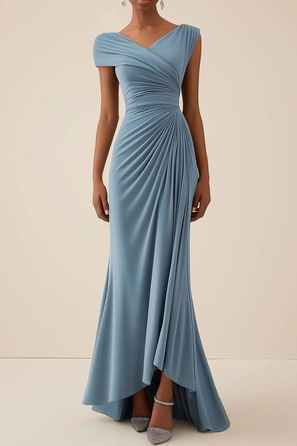 Elegant Party Dress Blue Ruched V Neck Maxi Dress Prom Dresses