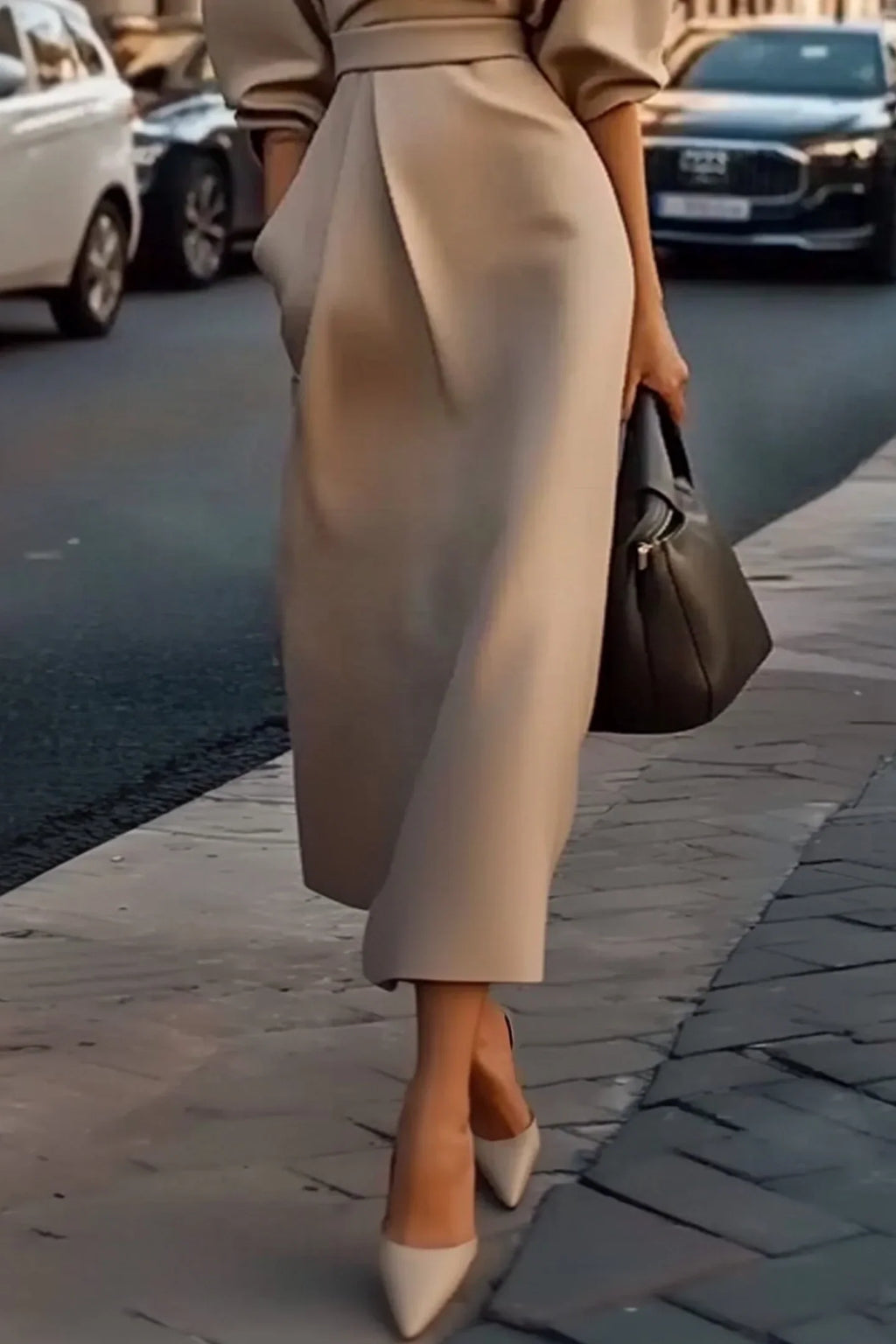 Modern Khaki V Neck Puff Sleeve with Pocket Midi Dress Prom Dresses