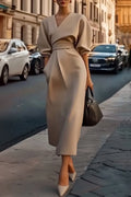 Modern Khaki V Neck Puff Sleeve with Pocket Midi Dress Prom Dresses