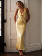 Sexy Sequined V-Neck Backless Sleeveless 3D Flower Dress