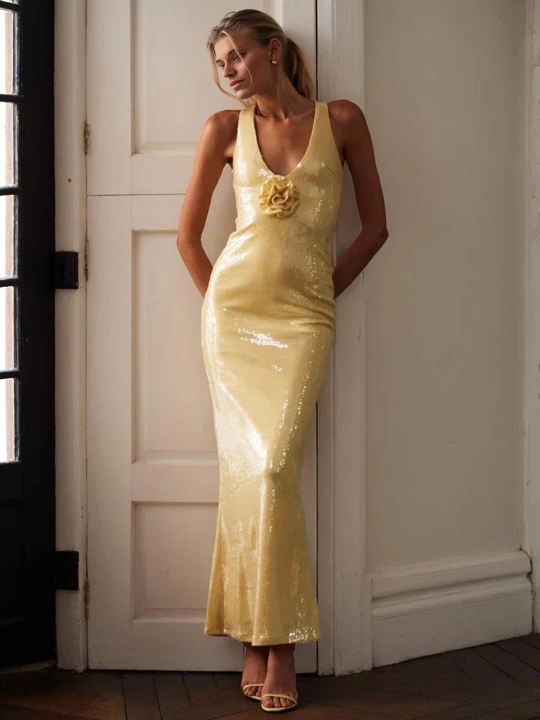 Sexy Sequined V-Neck Backless Sleeveless 3D Flower Dress