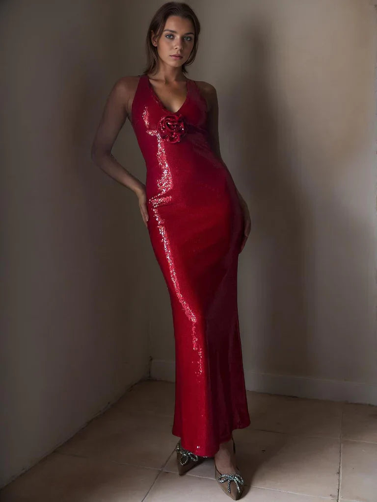 Sexy Sequined V-Neck Backless Sleeveless 3D Flower Dress