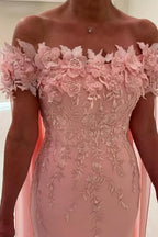 Elegant Pearl  Off the shoulder Cap sleeves Column Flowers Prom Dresses