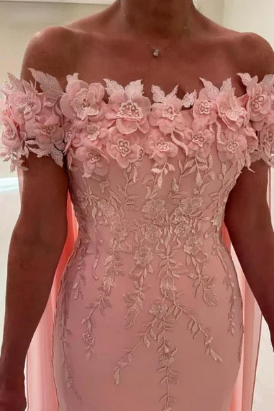 Elegant Pearl  Off the shoulder Cap sleeves Column Flowers Prom Dresses