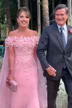 Elegant Pearl  Off the shoulder Cap sleeves Column Flowers Prom Dresses