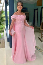 Elegant Pearl  Off the shoulder Cap sleeves Column Flowers Prom Dresses