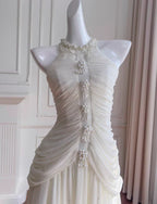 Elegant White A Line Halter Pearl Pleated Chiffon Prom Dress Vacation Dress