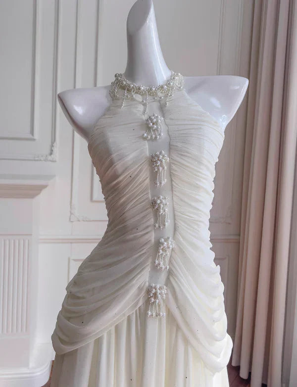 Elegant White A Line Halter Pearl Pleated Chiffon Prom Dress Vacation Dress