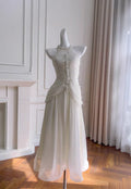 Elegant White A Line Halter Pearl Pleated Chiffon Prom Dress Vacation Dress