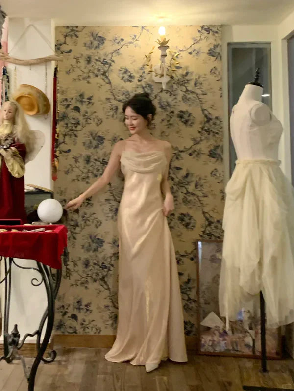 Vintage Apricot A Line Spaghetti Strap Satin Prom Dress