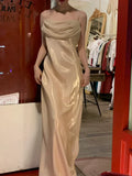 Vintage Apricot A Line Spaghetti Strap Satin Prom Dress