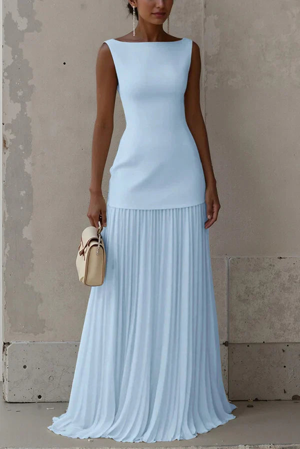 Elegant Solid Color Sleeveless Pleated Maxi Dress Prom Dresses
