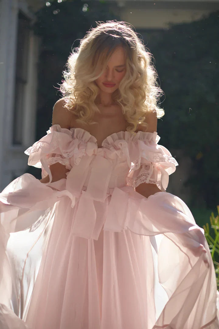 Romantic Off the Shoulder Short Sleeve Bowknot Prom Dresses