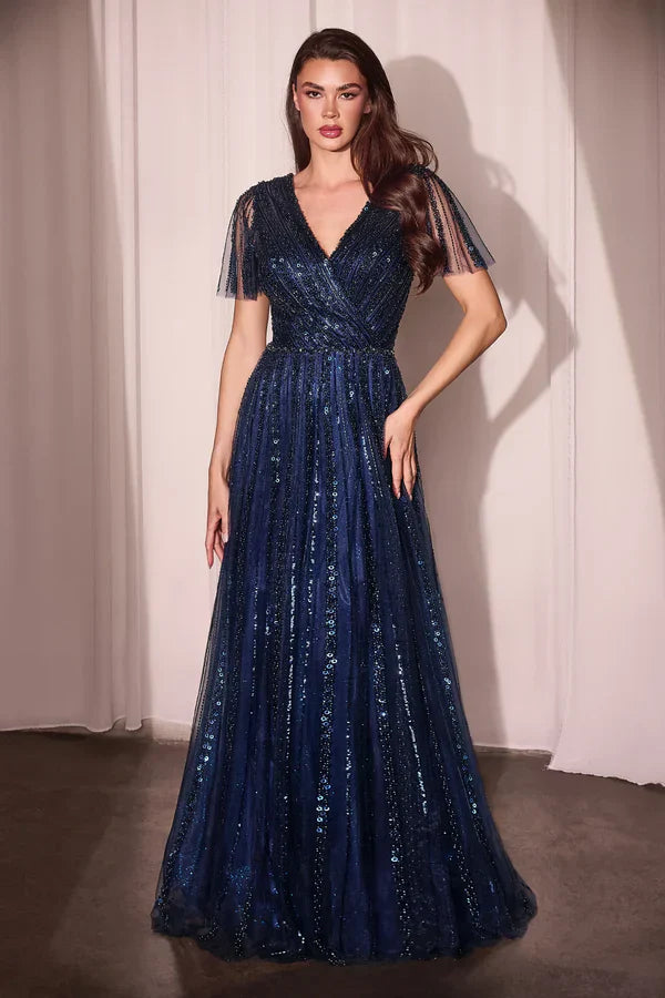 Charming Cinderella Divine Short Sleeve V back Floor-Length Prom Dresses