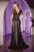 Charming Cinderella Divine Short Sleeve V back Floor-Length Prom Dresses
