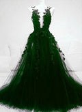 Artistic A line Green Tulle With Lace Deep Neckline Backless Prom Dress