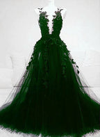 Artistic A line Green Tulle With Lace Deep Neckline Backless Prom Dress
