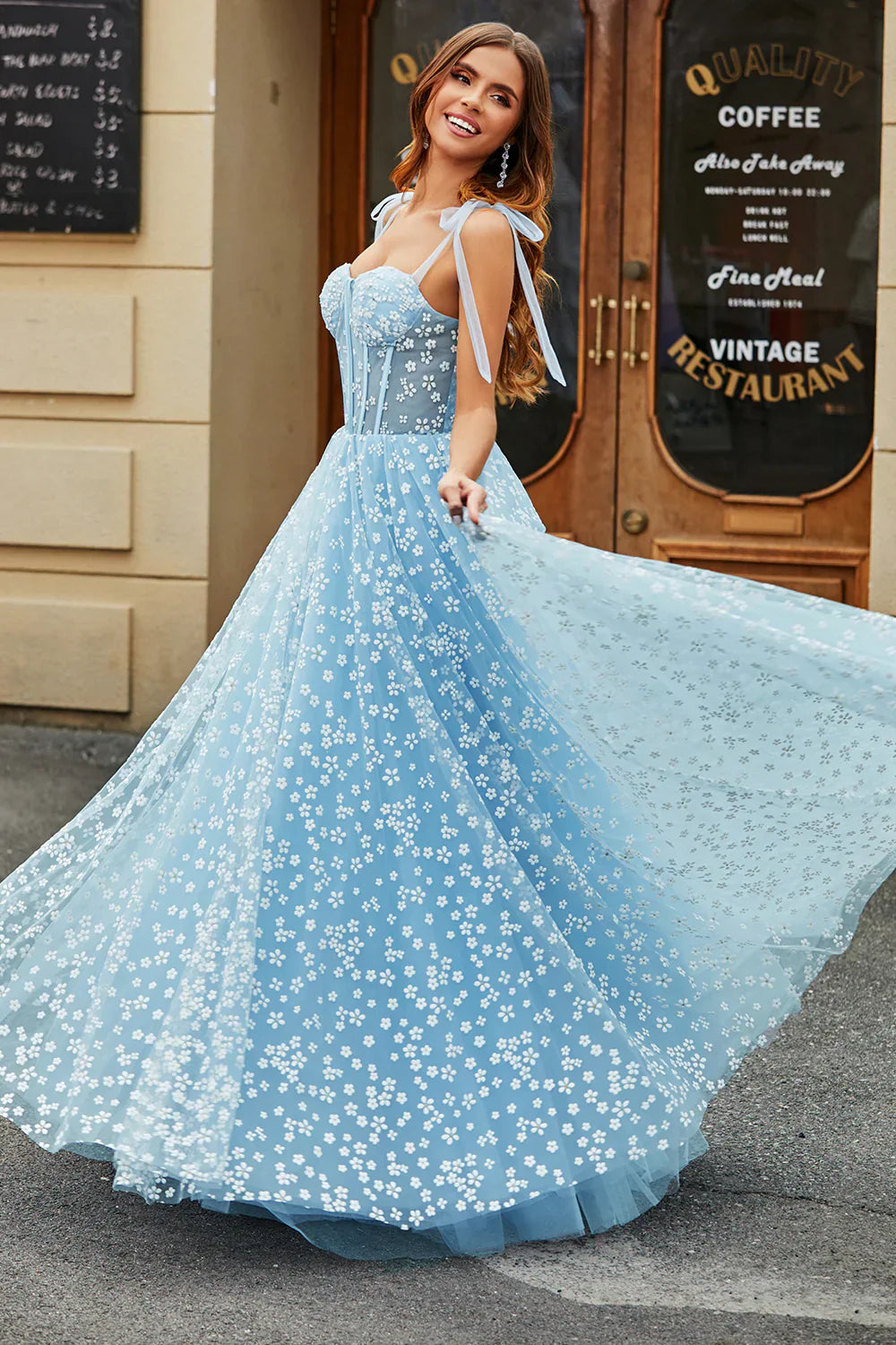 Romantic Spaghetti Straps Sky Blue A-Line Corset Prom Dress with Florals