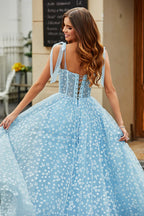 Romantic Spaghetti Straps Sky Blue A-Line Corset Prom Dress with Florals