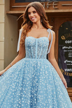 Romantic Spaghetti Straps Sky Blue A-Line Corset Prom Dress with Florals