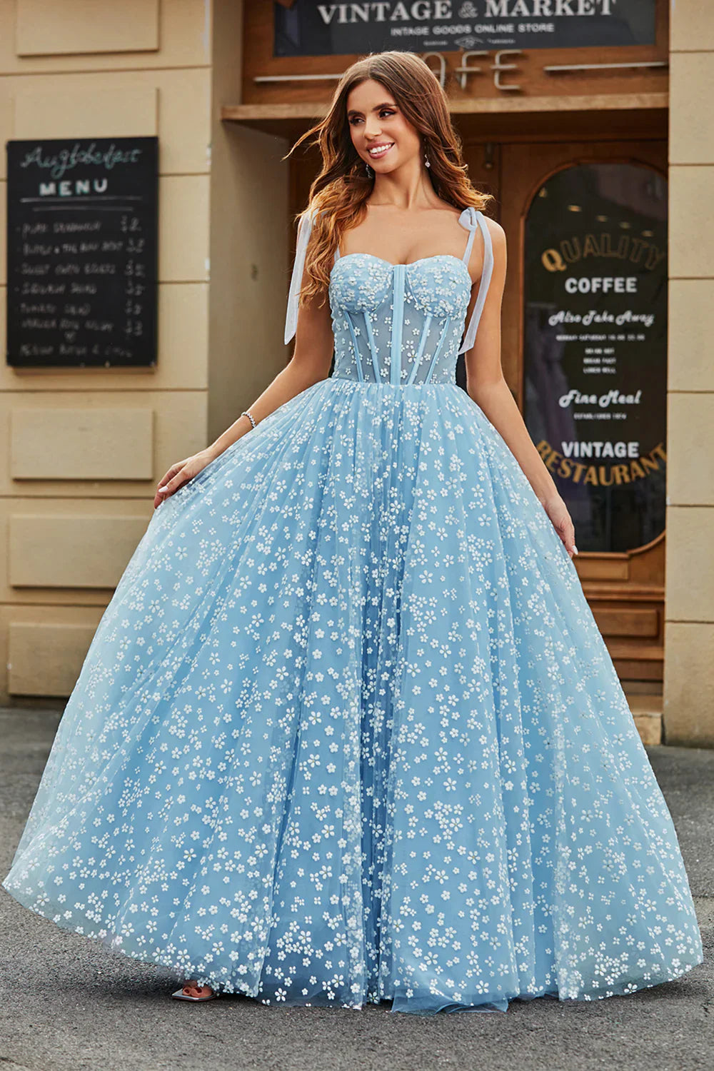 Romantic Spaghetti Straps Sky Blue A-Line Corset Prom Dress with Florals