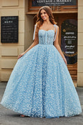 Romantic Spaghetti Straps Sky Blue A-Line Corset Prom Dress with Florals