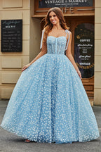 Romantic Spaghetti Straps Sky Blue A-Line Corset Prom Dress with Florals