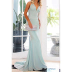 V-Neck Halter Backless Satin Mermaid Long Prom Evening Gown