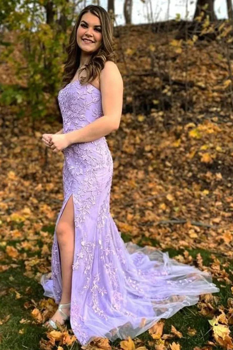 Mermaid Strapless Lace Long Prom Dress with Slit