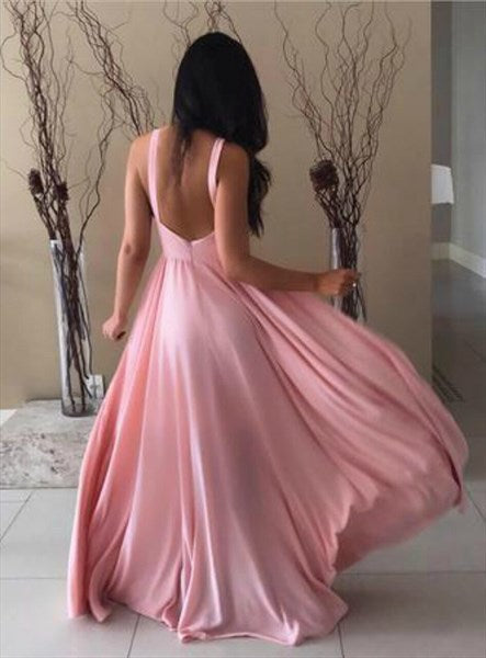 Pink A-Line High Neck Keyhole Front Backless Floor Length Prom Dresses