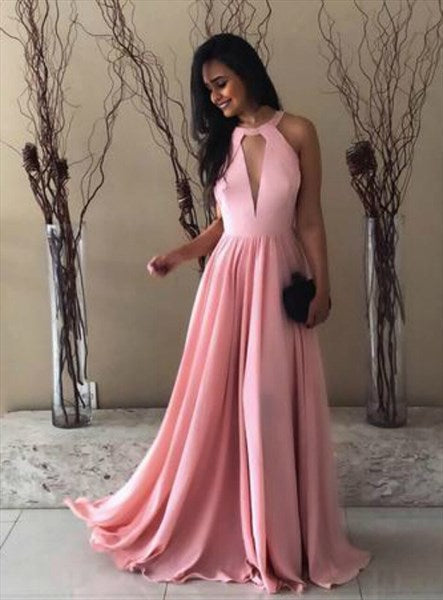 Pink A-Line High Neck Keyhole Front Backless Floor Length Prom Dresses