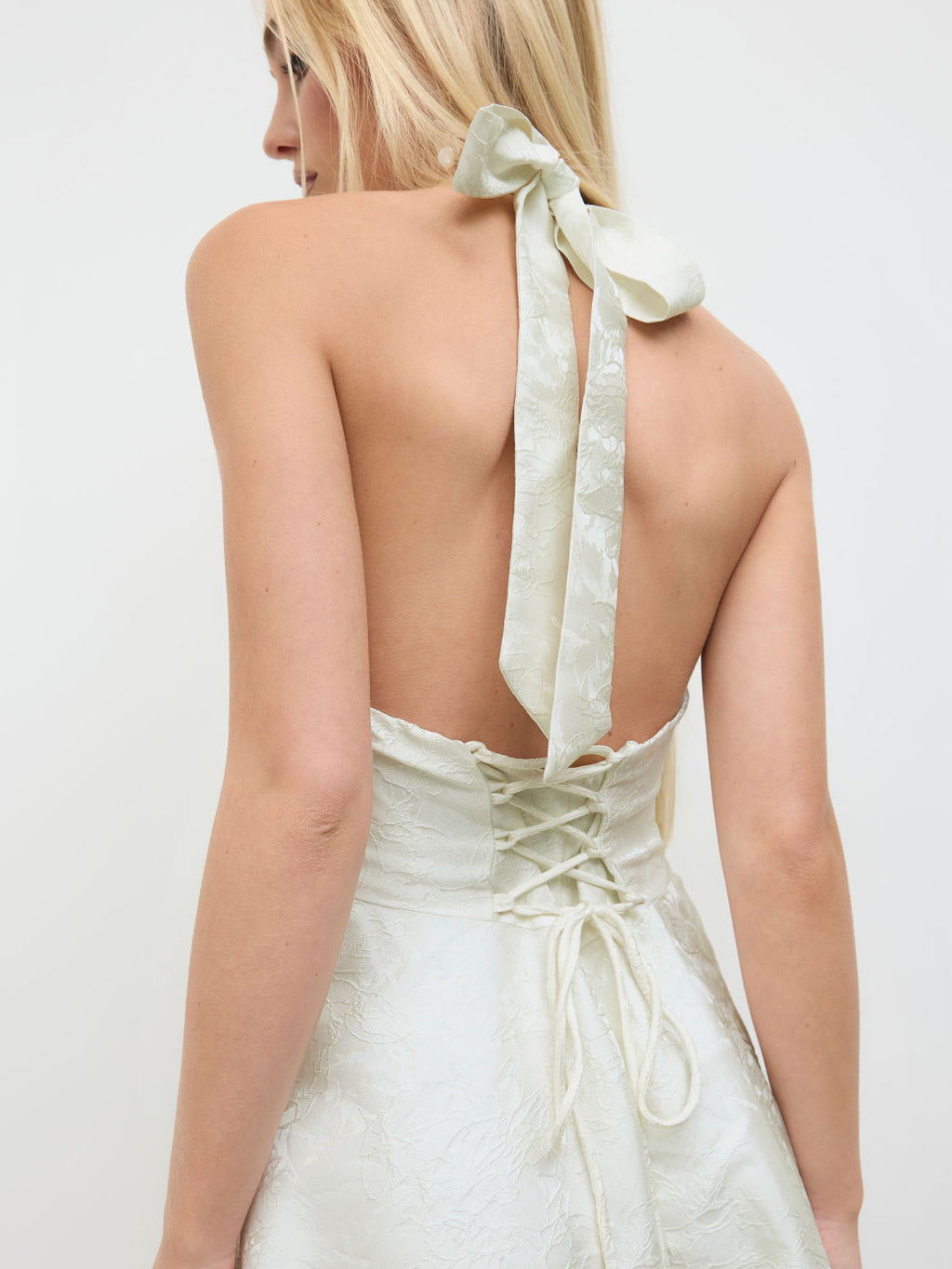 Chic Jacquard Halter Sleeveless Neckline Floral Lace Up Maxi Dress