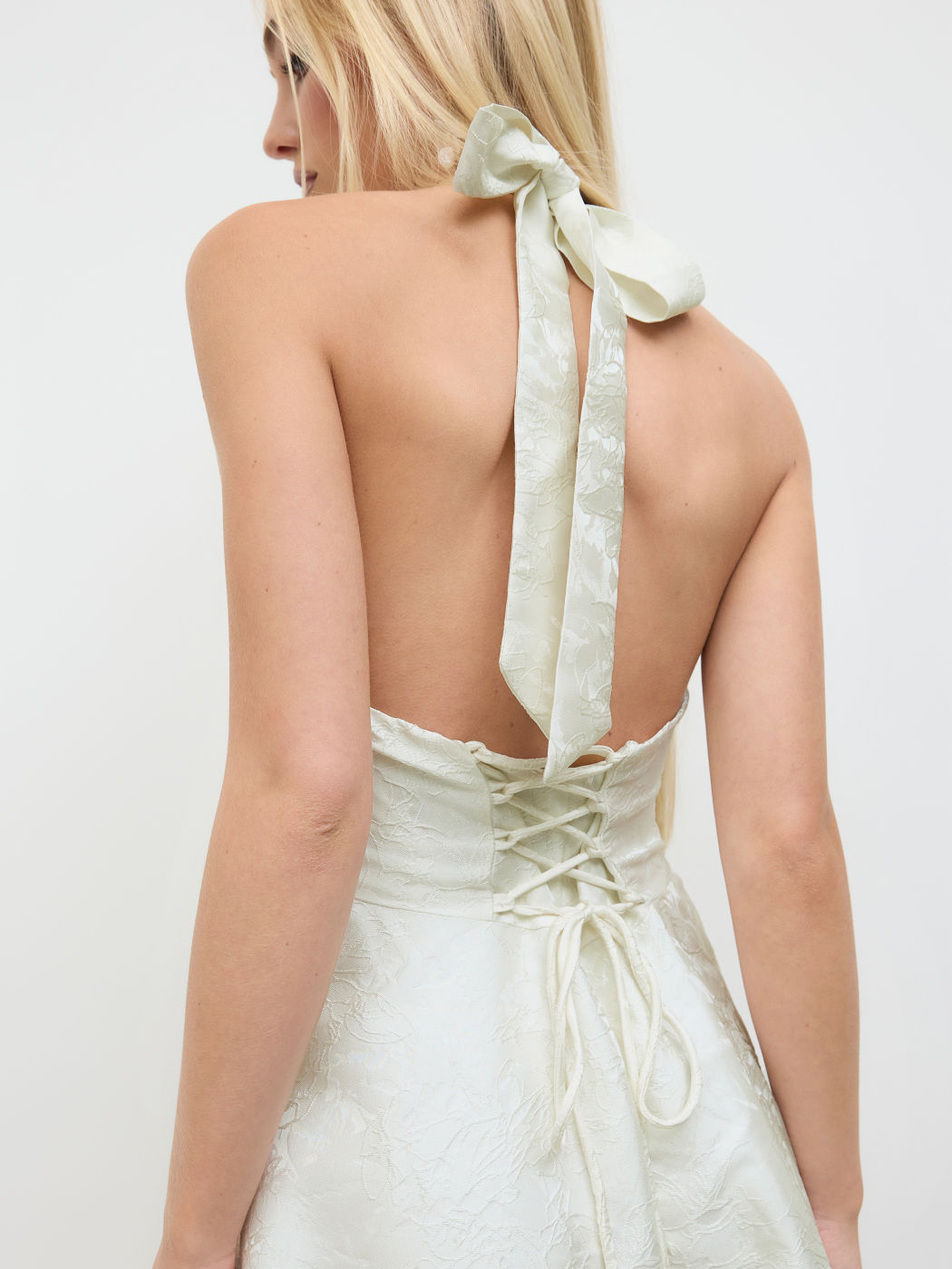 Chic Jacquard Halter Sleeveless Neckline Floral Lace Up Maxi Dress
