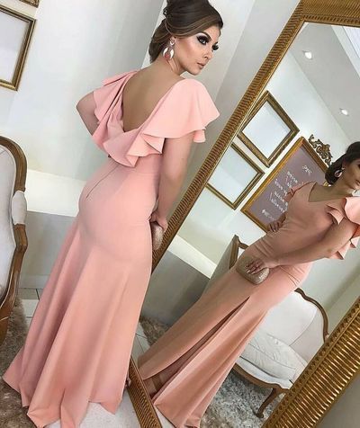 Soft Gorgeous Sheath V-Neck Ruffled Sleeves Split  Long Prom Dresses Evenign Dress