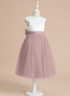 A-line Satin Tulle Tea-length First Communion Flower Girl Dress