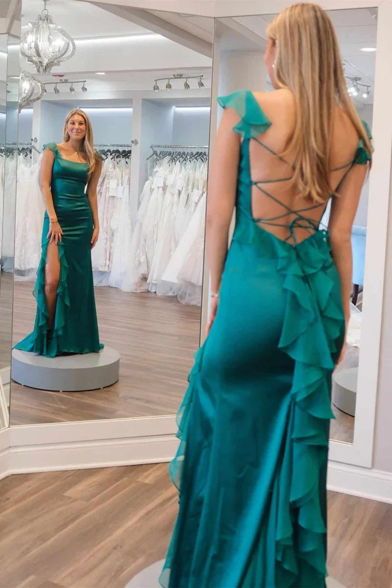Sexy Square Neck Ruffle Backless Sleeveless Slit Prom Dress