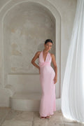 Chic Halter Halter V Neck Backless Maxi Dress Pink Prom Dress