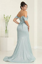 Sparkle Off the Shoulder Draped Appliques Sleeves Corset Train Prom Dress