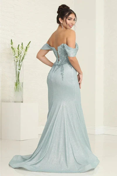 Sparkle Off the Shoulder Draped Appliques Sleeves Corset Train Prom Dress