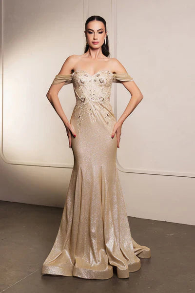 Sparkle Off the Shoulder Draped Appliques Sleeves Corset Train Prom Dress