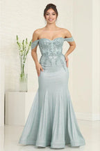 Sparkle Off the Shoulder Draped Appliques Sleeves Corset Train Prom Dress
