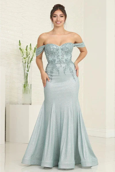 Sparkle Off the Shoulder Draped Appliques Sleeves Corset Train Prom Dress